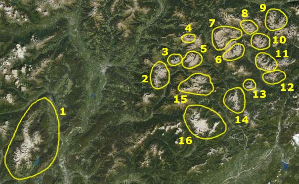 Distribuzione dei gruppi dolomitici con i 3000